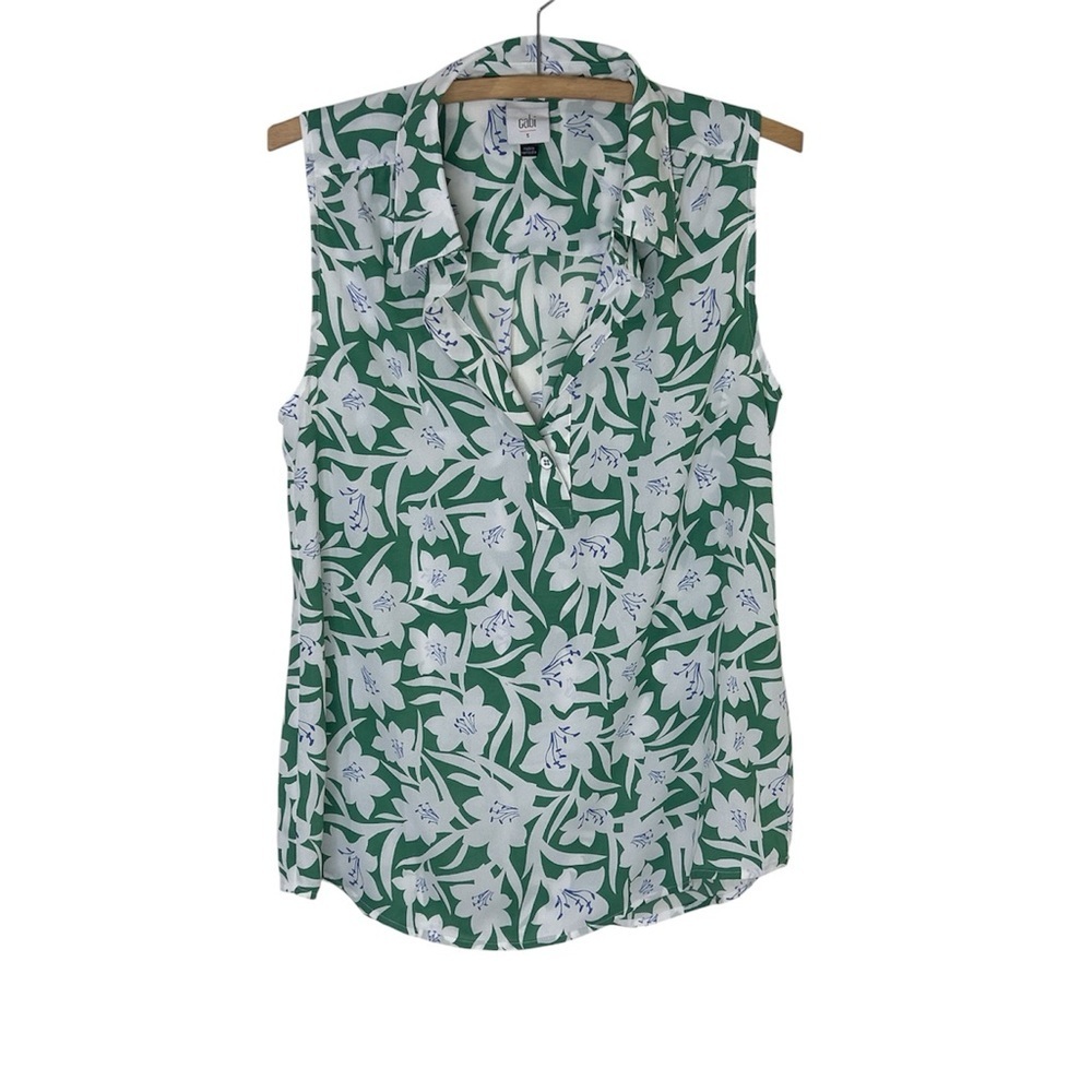 CAbi 6099 Bloom Sleeveless Blouse Green White Floral Size Small